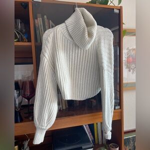 White ribbed cropped turtleneck sweater